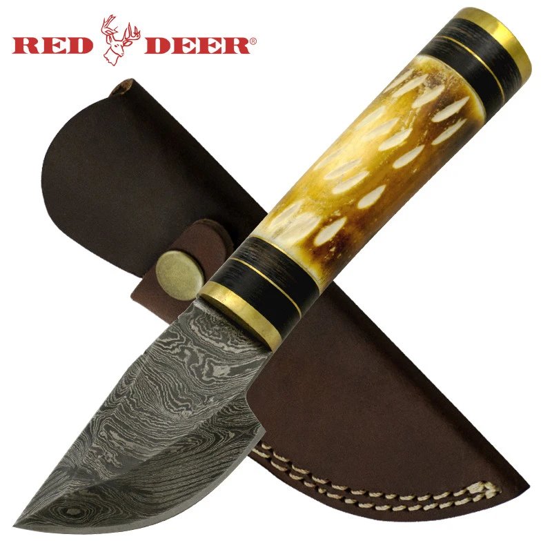Red Deer Short Blade Damascus Bone Handle Hunting Knife